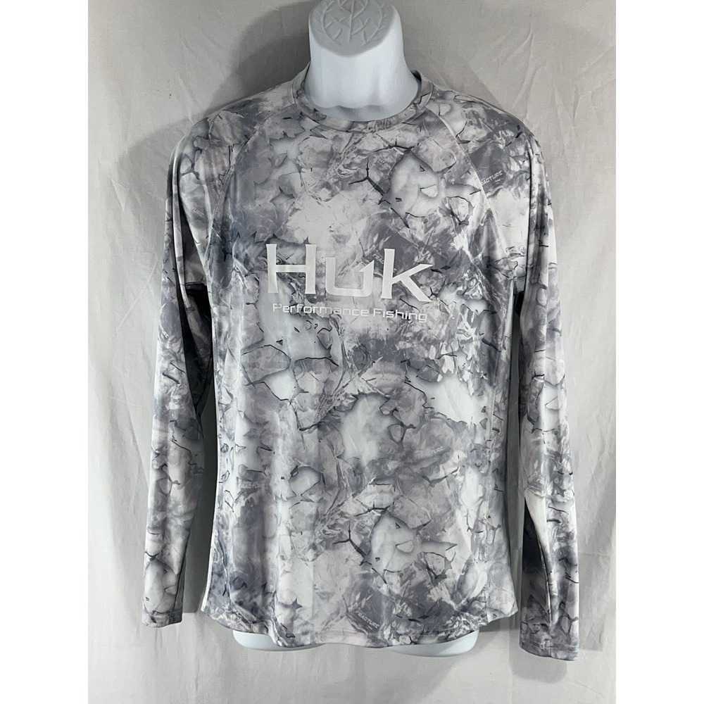 Huk Fishing Long Sleeve Fishing Shirt Mens Size Small Gray Camo Mossy Oak